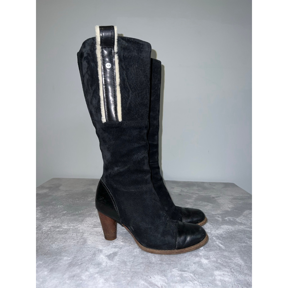 Women's UGG Black Suede Heeled Boots with Sherpa Trim Size 7